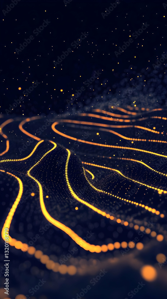 Poster abstract 3d rendering of glowing golden particles forming wavy lines and patterns on a dark backgrou