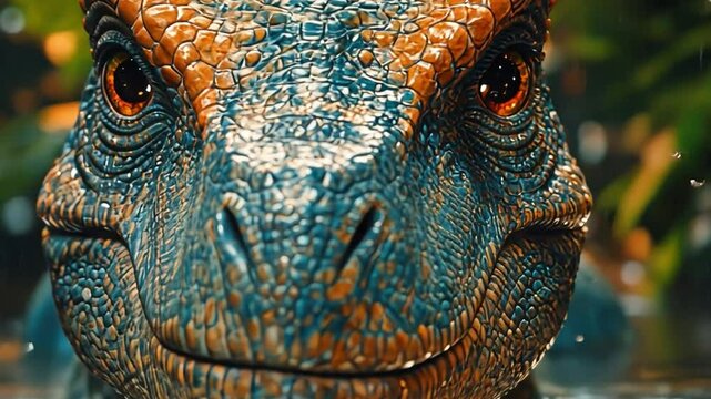 Jurassic Gaze: A close-up, photorealistic portrait of a vibrant, detailed dinosaur's face, with penetrating eyes conveying an ancient wisdom and enigmatic presence.