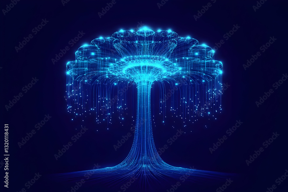 Poster abstract 3d digital tree illustration with glowing lines and nodes, representing network connectivit