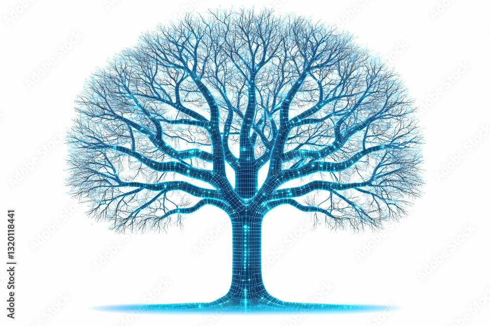 Poster abstract 3d wireframe tree illustration with glowing nodes, a digital nature background image