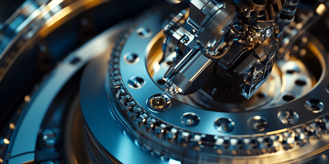 Close-up of Precision Engineering in Machinery, High-Tech Machine Components with Metallic Finish, Industrial Robotics and Machine Detail

