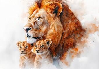Lion Family Watercolor Painting Father Mother Child Lion Lioness Cub Pastel Color Illustration