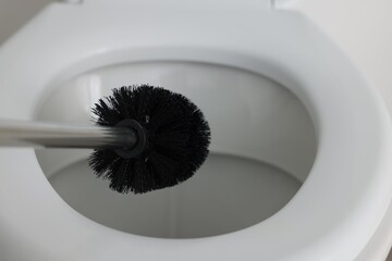 Cleaning toilet bowl with black brush, closeup