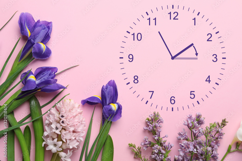 Poster clock and flowers on pink background, top view. arrow showing time change one hour ahead in spring. 