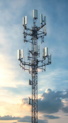 Tall Cellular Tower with Multiple Antennas against a Cloudy Sunset Sky