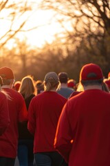 A group of people assembled for a National Wear Red Day walkathon, sporting red shirts and carrying inspiring signs beneath the warm morning sun.
