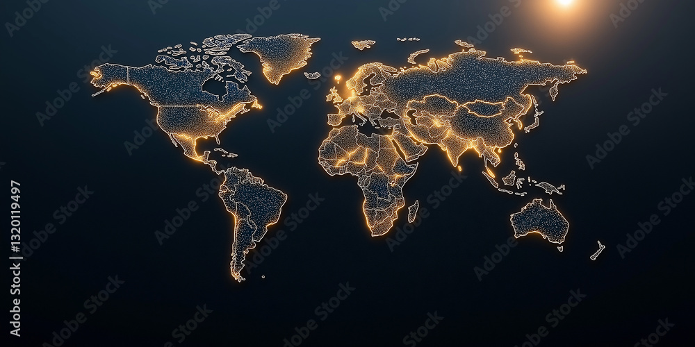 Poster glowing world map showing international connections and global network