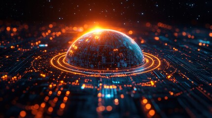 Futuristic Digital Earth with Glowing Rings and Cyberpunk Atmosphere