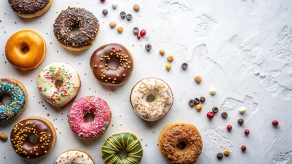 A Colorful Assortment of Sweet Donuts Decorated with Sprinkles and Candy on a Textured White Surface