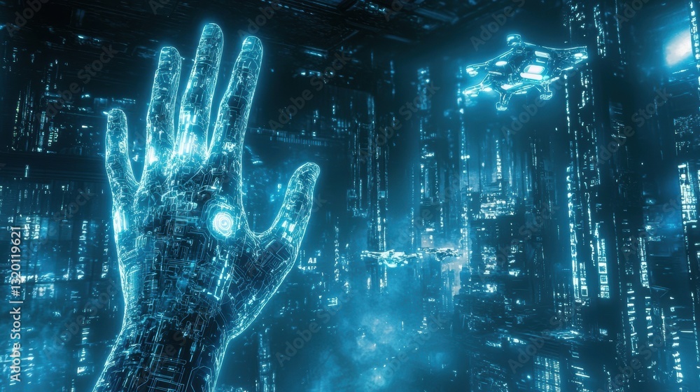 Poster futuristic digital banner featuring ai technology and a glowing hand in a cybernetic landscape with 