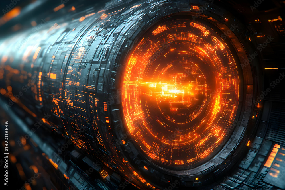 Poster futuristic spaceship tunnel with glowing core