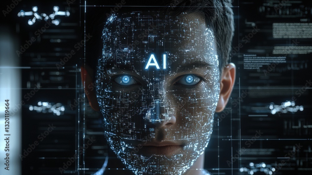 Aufkleber futuristic digital art featuring ai technology with bold elements and high-tech design in a modern s