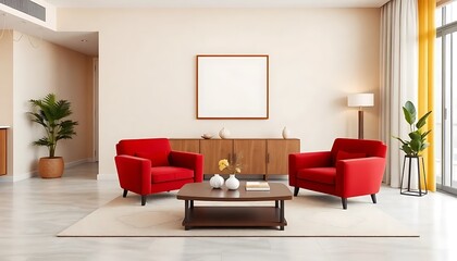 Stylish Interior Red Armchairs Coffee Table