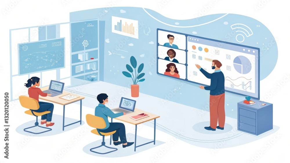 Poster a modern classroom scene with students using laptops and a teacher presenting on a large screen to r