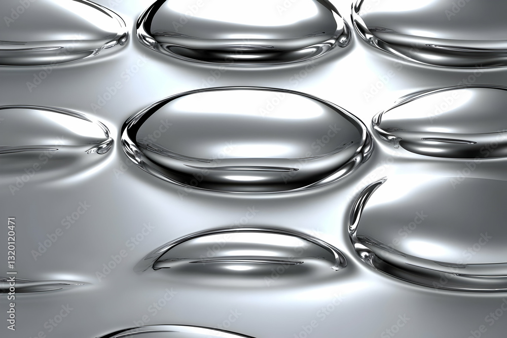 Poster abstract 3d render of liquid metal bubbles, creating a shiny, reflective background texture