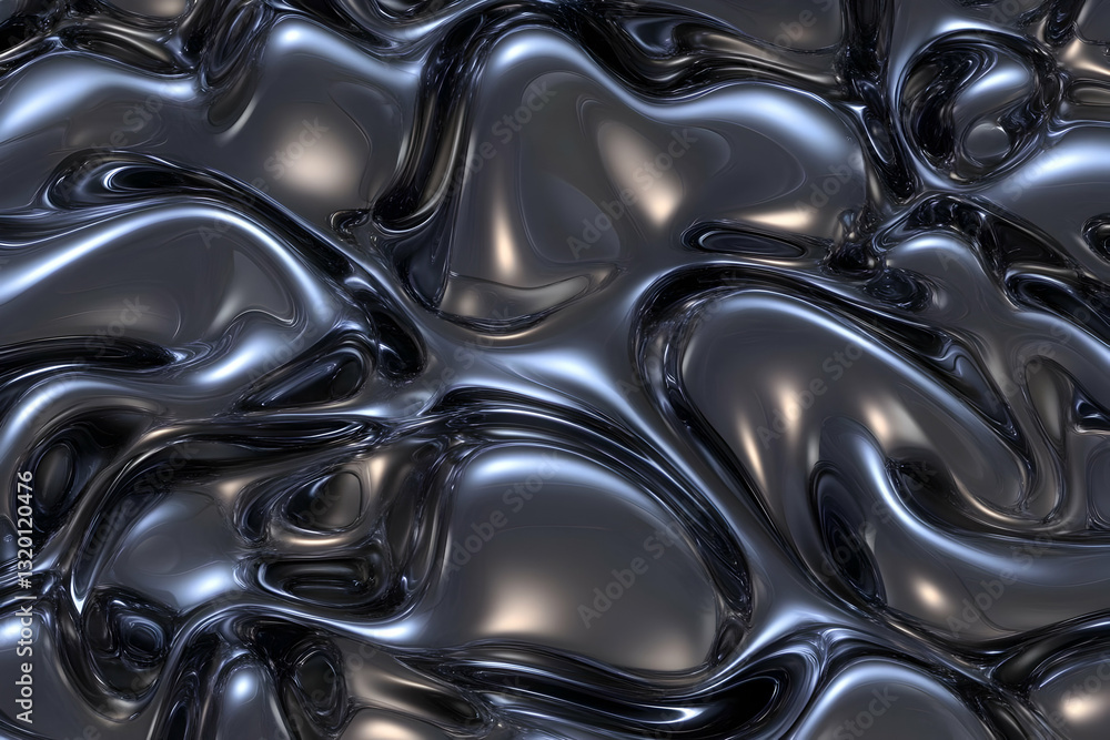 Poster abstract 3d render of a liquid metal surface with glossy, reflective texture and swirling, dynamic f
