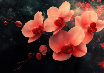 Vintage Floral Design with Pink Red Orchids Art Deco Style for Wedding Invitation Greeting Card Notebook Cover