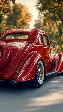 Fototapeta Red Vintage Car On Autumn Road