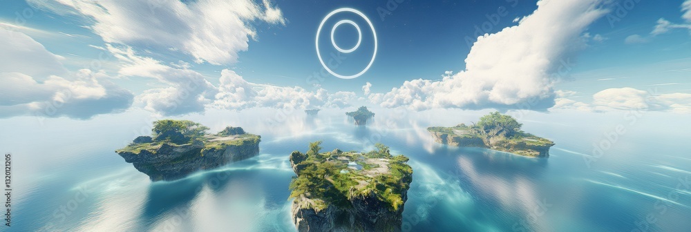 Poster Floating islands connect through portals revealing gateways to diverse virtual worlds under a vibrant sky filled with clouds