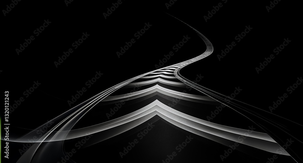 Poster abstract monochrome image featuring smooth, curved lines in shades of white against a stark black ba