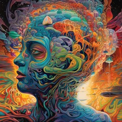 A colorful psychedelic portrait of a human face profile