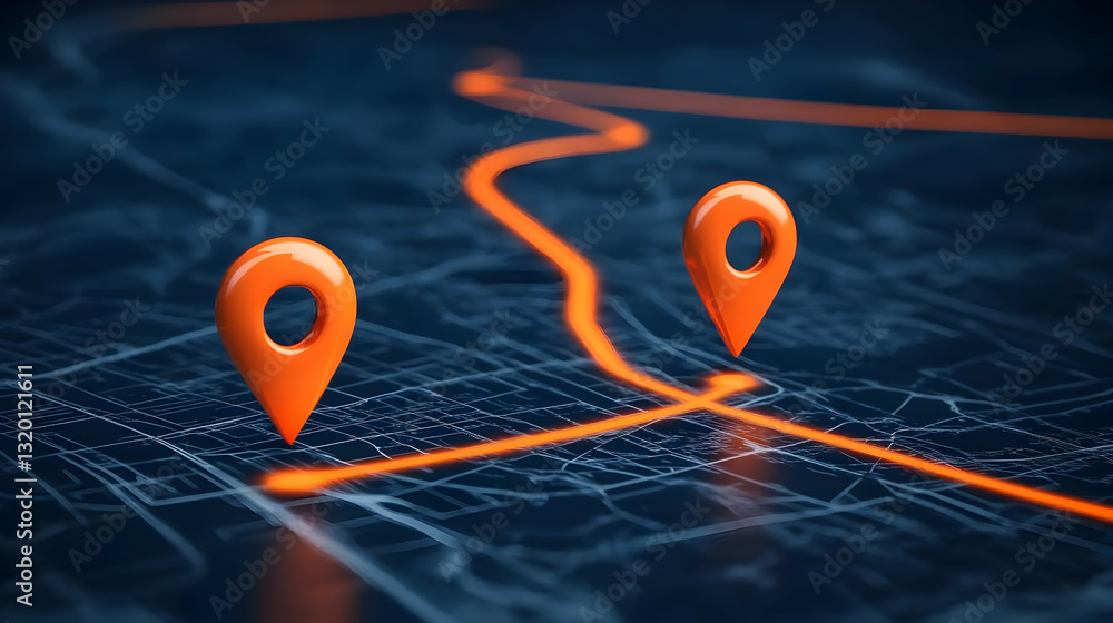 Poster 3d render of orange location pins marking a route on a detailed digital map background