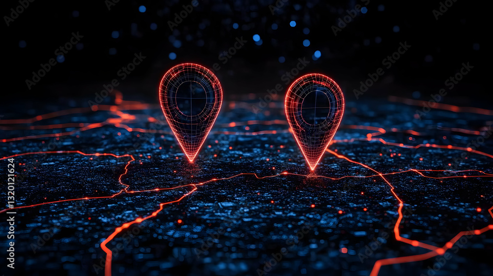 Poster abstract 3d digital map illustration: two glowing red wireframe location pins mark points on a dark 