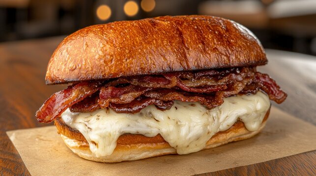 Grilled sandwich with melted cheese and crispy bacon on a brown paper wrap