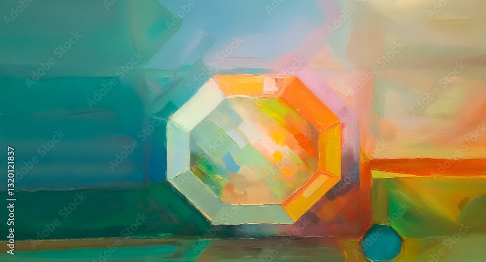 Poster geometric abstract art featuring a multi-colored octagonal form. the painting uses a vibrant palette