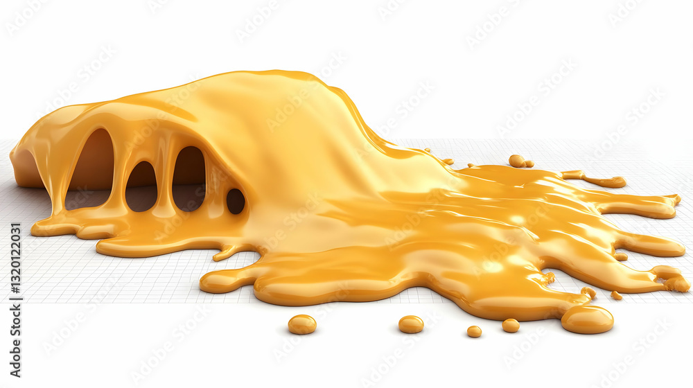 Poster 3d render of golden liquid spilling and flowing across a gridded surface, creating an abstract backg