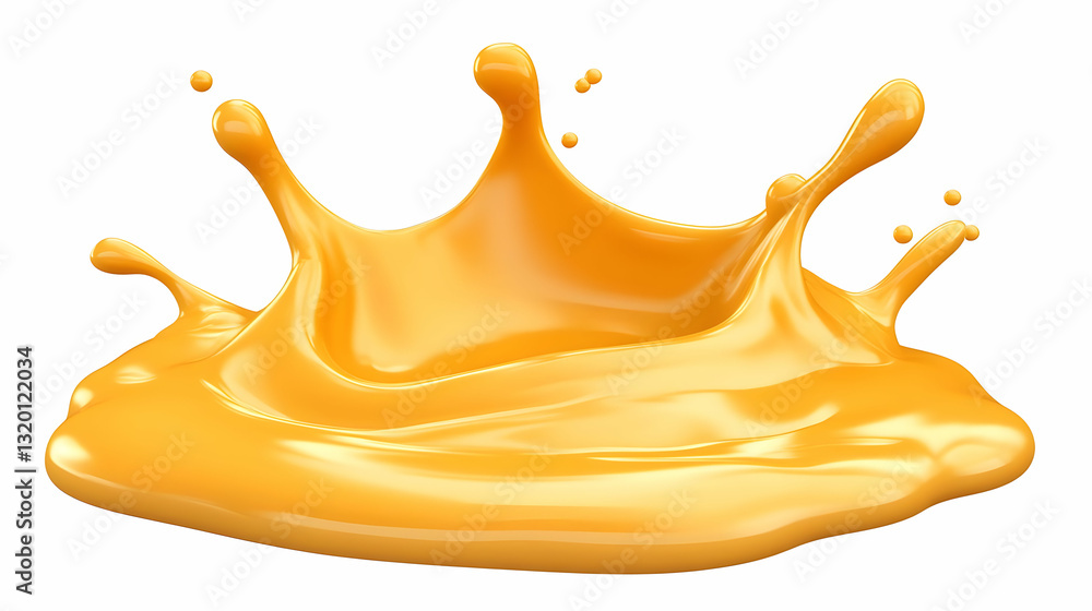 Poster 3d render of golden yellow liquid splashing dynamically on white background, abstract juice or caram
