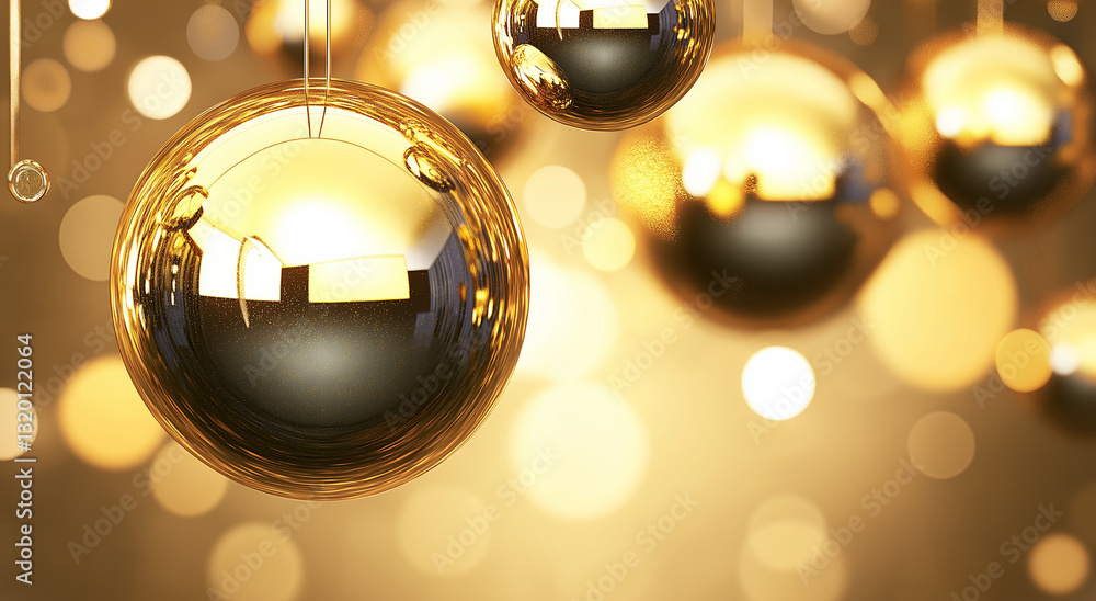 Poster shiny golden christmas balls hanging on a string with blurred background lights