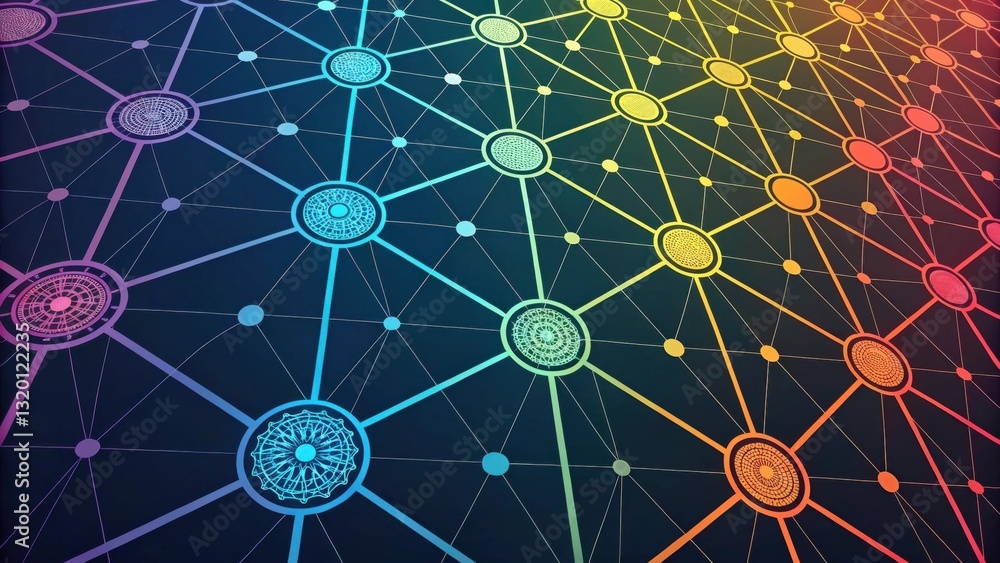 Poster a vibrant, abstract digital network design featuring colorful nodes connected by lines against a dar