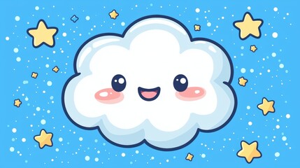Cheerful Cute Puffy Cloud with a Happy Face Surrounded by Sparkling Stars on a Bright Blue Background