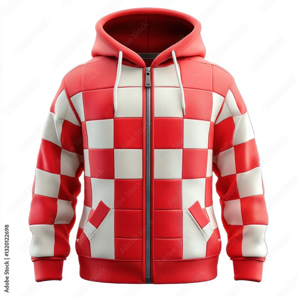Aufkleber bold red and white 3d render of zip-up hoodie design with checker pattern in high quality