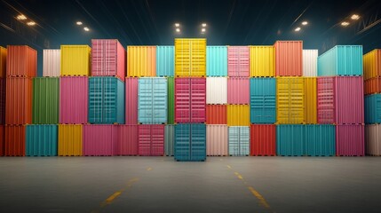 Fototapeta premium Colorful Shipping Containers Stacked in Industrial Warehouse Space