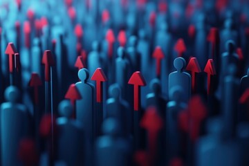 Crowd of people with upward red arrows, symbolizing growth, success, and progress.