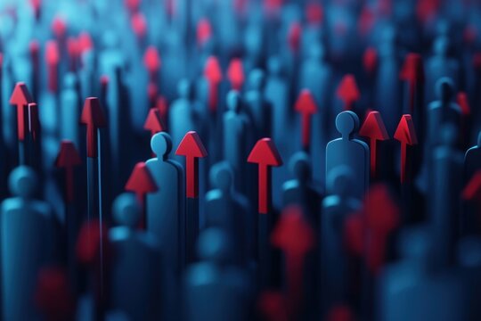 Crowd of people with upward red arrows, symbolizing growth, success, and progress.