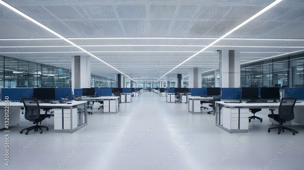 Poster modern office interior: rows of desks with computers and bright linear lighting in a spacious open p