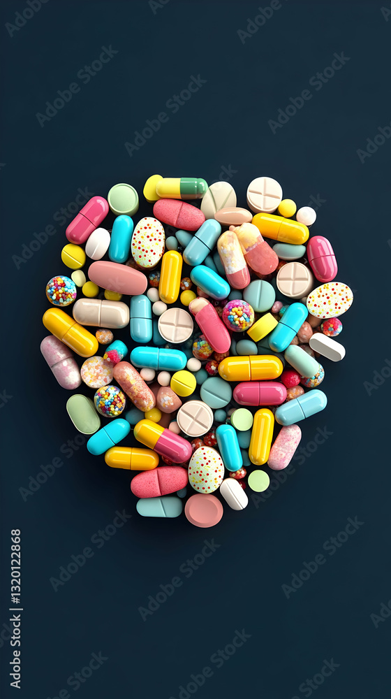 Poster 3d render of colorful pills and capsules arranged in a pile on dark background