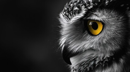 Close-up profile view of an owl's head and eye, featuring intricate details in grayscale with vibrant yellow eyes