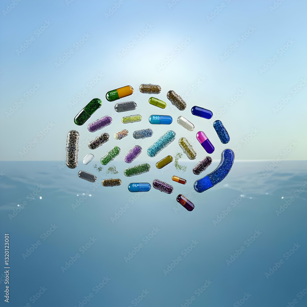Poster 3d render of colorful capsules floating over calm ocean, abstract health background image