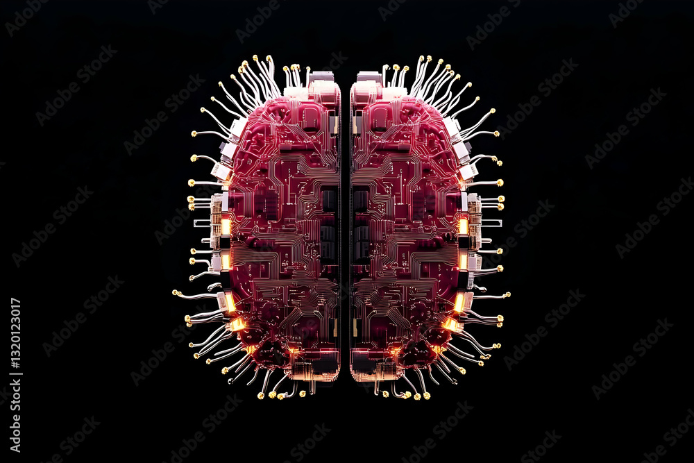 Poster 3d render of a circuit board brain with connectors, abstract technology background image