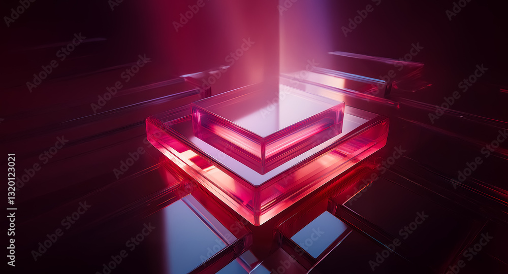 Poster abstract geometric structure featuring a red illuminated cube with light rays emanating upwards. ref