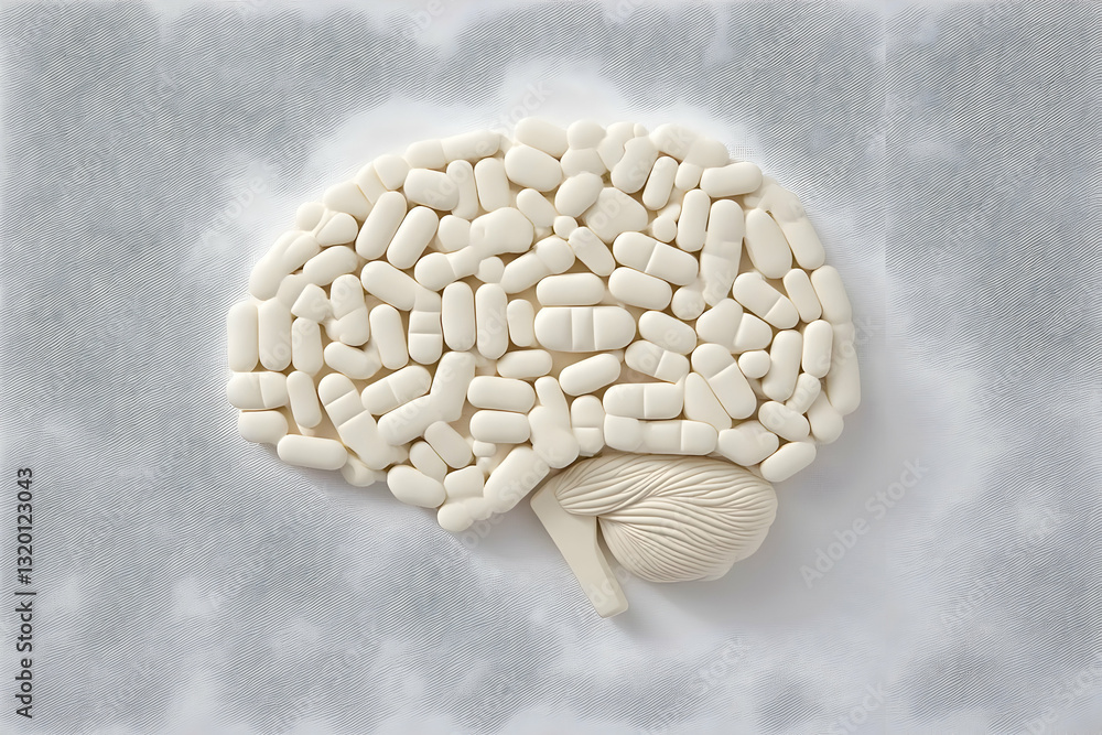 Poster 3d render of pills arranged in brain shape on textured background