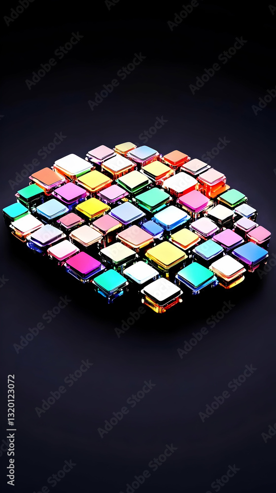 Poster vibrant 3d render of interlocking colorful cubes on dark background, abstract geometric pattern desi