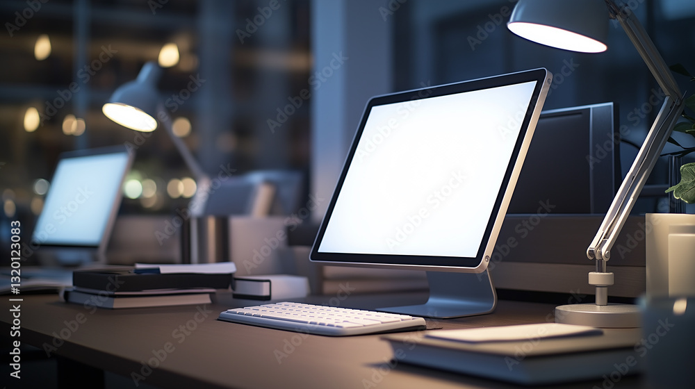 Aufkleber modern office desk showing a computer with blank screen at night