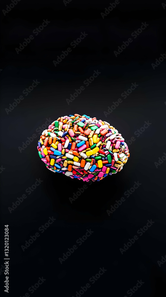 Poster Abstract Colorful Pill Composition Forms a Sphere on Black Background