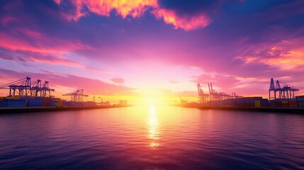 Dramatic sunset illuminating a port scene with cranes and containers