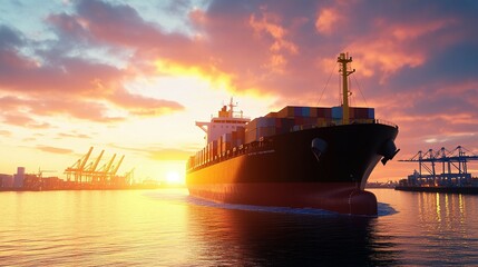 Obraz premium A large cargo ship sailing through water during a sunrise